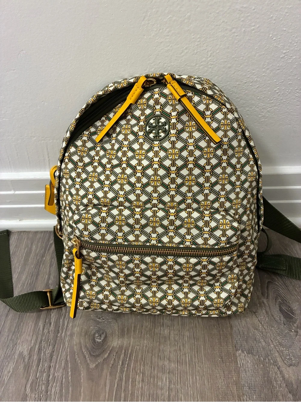 Tory Burch Printed Small Zip Backpack Yellow Green Gemini Medallion